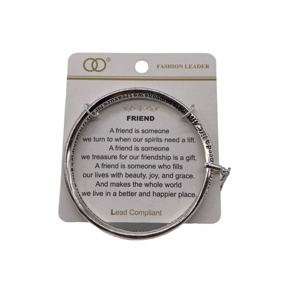 Fashion Leader Womens Silver Tone Bangle Bracelet "Friend" Quote & Heart Charm - Picture 1 of 8